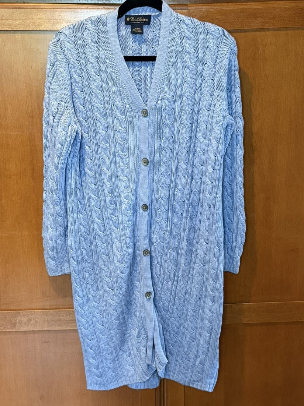 Brooks Brothers long Sweater Button Blue Cable Knit Silk Cashmere Cardigan L